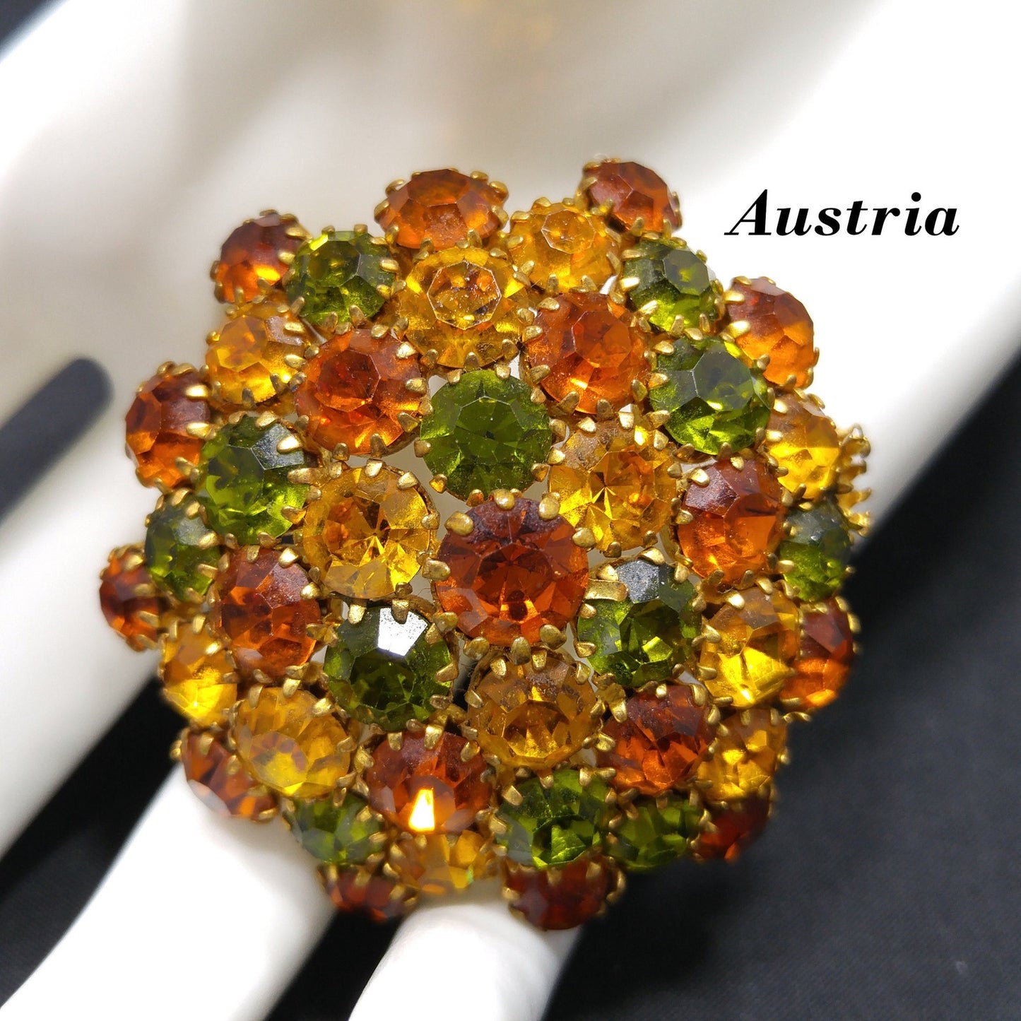 Austria Autumn Fall Rhinestone Domed Brooch, 1950s Vintage Jewelry