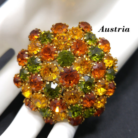 Austria Autumn Fall Rhinestone Domed Brooch, 1950s Vintage Jewelry