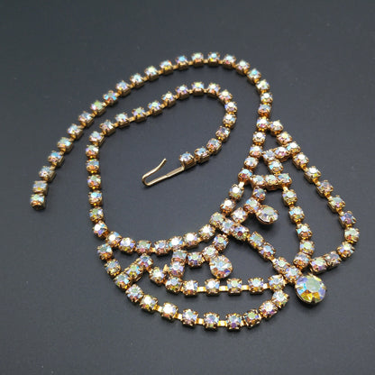 Aurora Borealis Rhinestone Choker Necklace, Gold Plated, 1960s Vintage Jewelry
