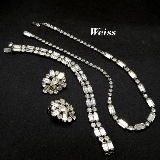 Vintage Weiss Earrings Bracelet & Necklace, Clear Rhinestones, Rhodium Plated