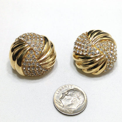 Ciner Clear Pave Rhinestone Round Clip Earrings, Gold Plated, 1980s Vintage Jewelry