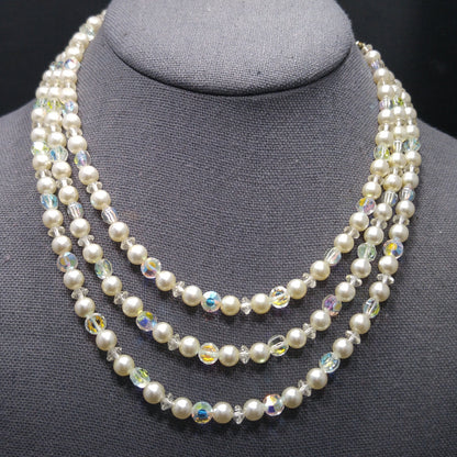 Mid-Century Crystal Faux Pearl Necklace, Three Strands, 1950s Vintage Jewelry