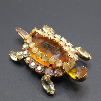 Turtle Brooch, Juliana Style Open Back Rhinestones, Gold Plated, 1960s Vintage Jewelry
