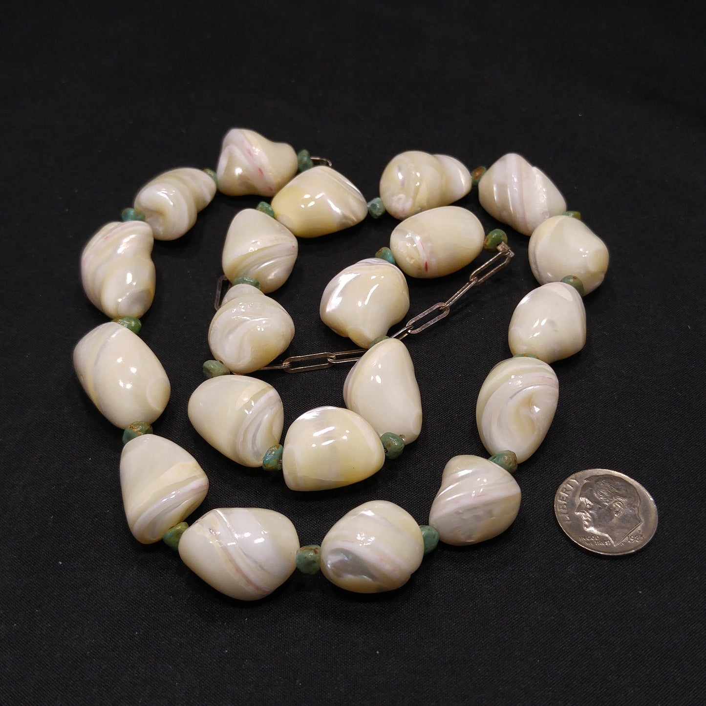 Beaded Shell Chrysoprase Necklace, Sterling Silver Italy, 1980s Vintage Jewelry