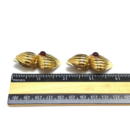 Vintage CINER Heart Drop Earrings, Red Cabochon, Gold Plated, 1980s