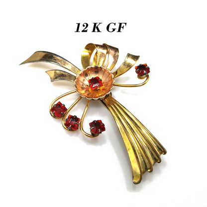 Gold Filled Bow Flower Brooch, Red Rhinestones, 1940s Vintage Jewelry