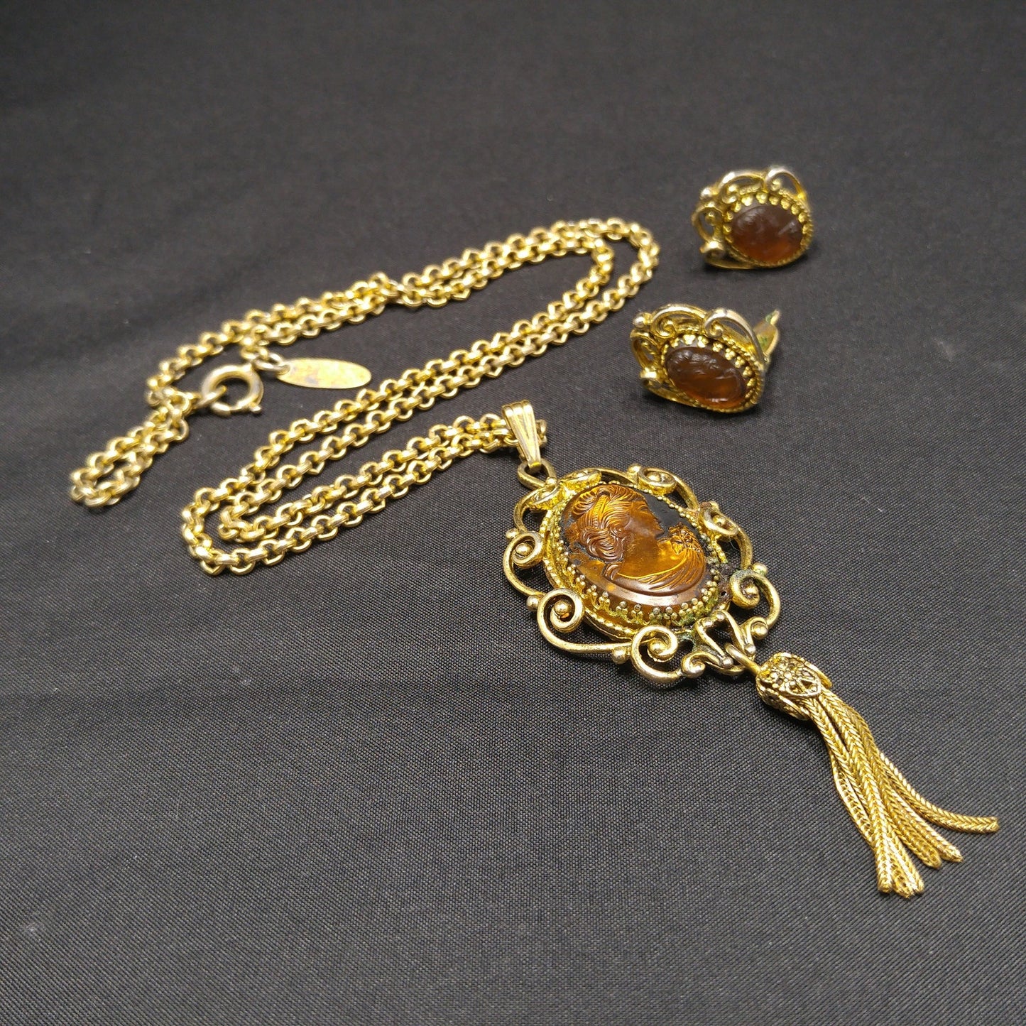 Whiting & Davis Topaz Cameo Necklace Earring Set, Book Piece, 1970s Vintage Jewelry