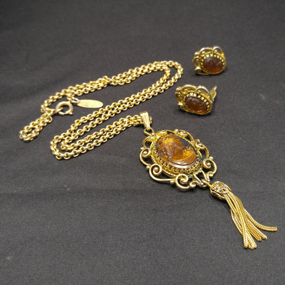 Whiting & Davis Topaz Cameo Necklace Earring Set, Book Piece, 1970s Vintage Jewelry