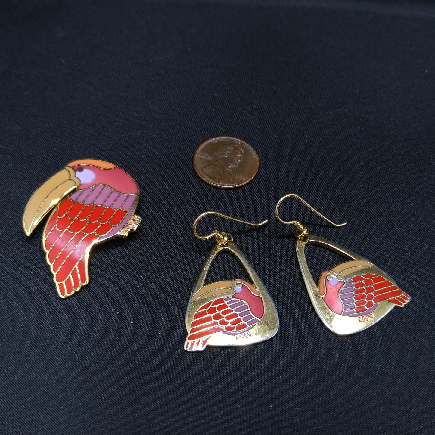 Vintage Laurel Burch Red Toucan Brooch Pendant & Earrings, Gold Plated, 1980s