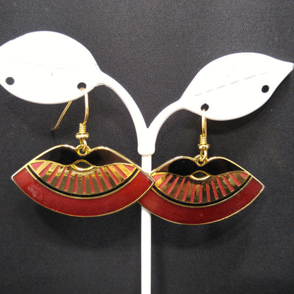 Laurel Burch Metallic Red Fan Earrings, Cloisonne Gold Plate Enamel, 1980s Vintage Jewelry