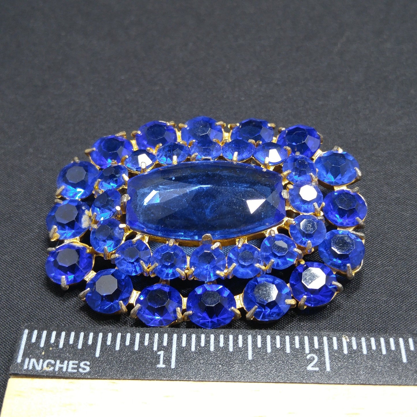 Cobalt Blue Glass Rhinestone Brooch, Large Center Blue Stone, 1940s Vintage Jewelry