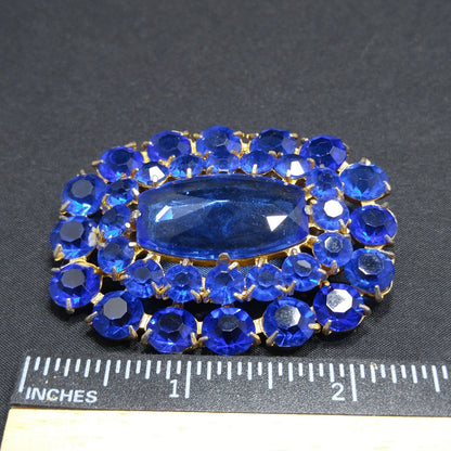 Cobalt Blue Glass Rhinestone Brooch, Large Center Blue Stone, 1940s Vintage Jewelry