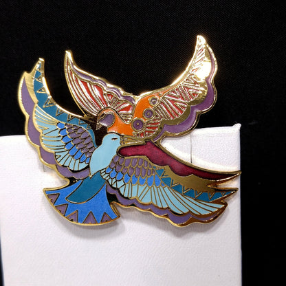 Laurel Burch "Ethereal Birds" Brooch, Cloisonné and Enamel, Gold Plated, 1980s Vintage Jewelry