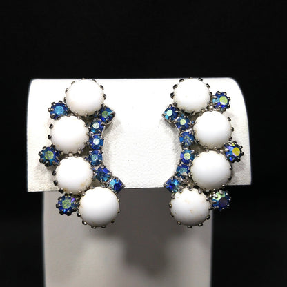 Weiss Aurora Borealis Blue Rhinestone Clip Earrings, White Milk Glass Cabochons, Ear Climbers, 1960s Vintage Jewelry