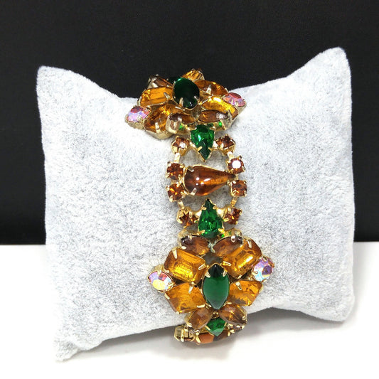Light Topaz & Green Rhinestone Bracelet, Gold Plated, Aurora Borealis, 1960s Vintage Jewelry