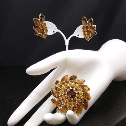 Domed Topaz Rhinestone Brooch & Earrings Set, Gold Plated, 1960s