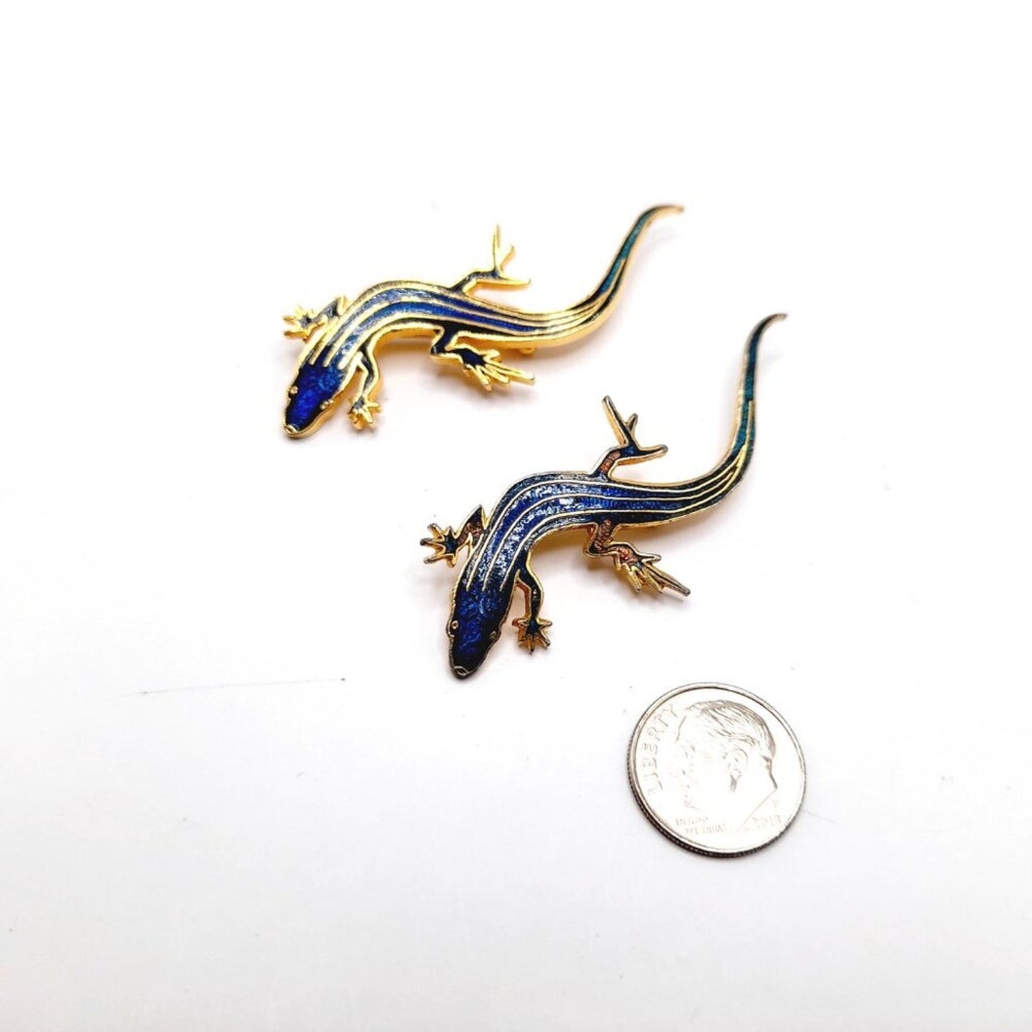 Vintage Blue Enamel Lizards Brooches - Pair - Signed Wm Spear 1986 - 2 3/8 Inch