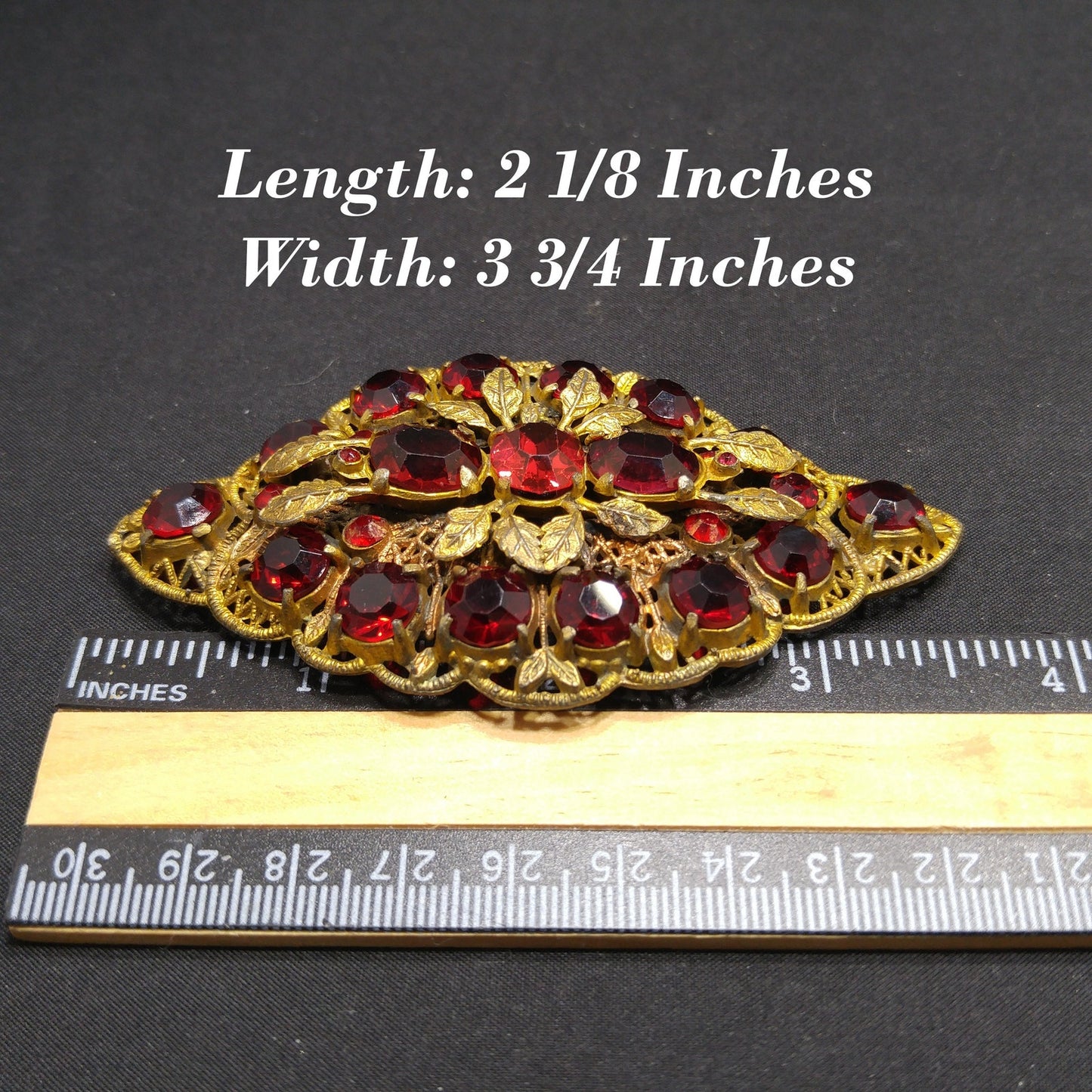Antique Red Rhinestone Filigree Large Brooch, Wide Floral Sash Shoulder Pin, 1920s Vintage Jewelry