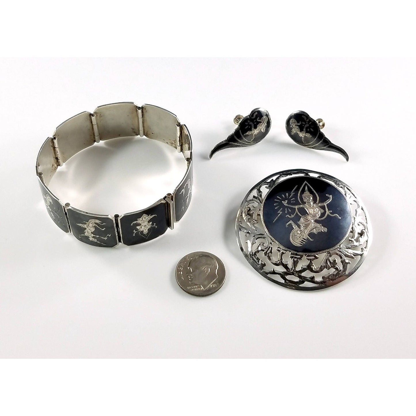 Vintage Siam Sterling Niello Silver Bracelet Brooch Earrings Set Mekkala Goddess