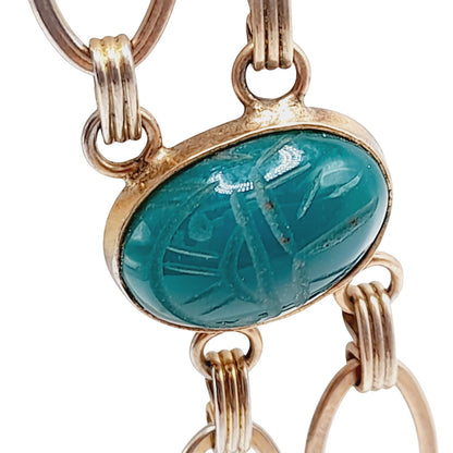 Vintage Scarab Four Gemstone Gold Tone Two Strand Bracelet, Egyptian Beetle Bug