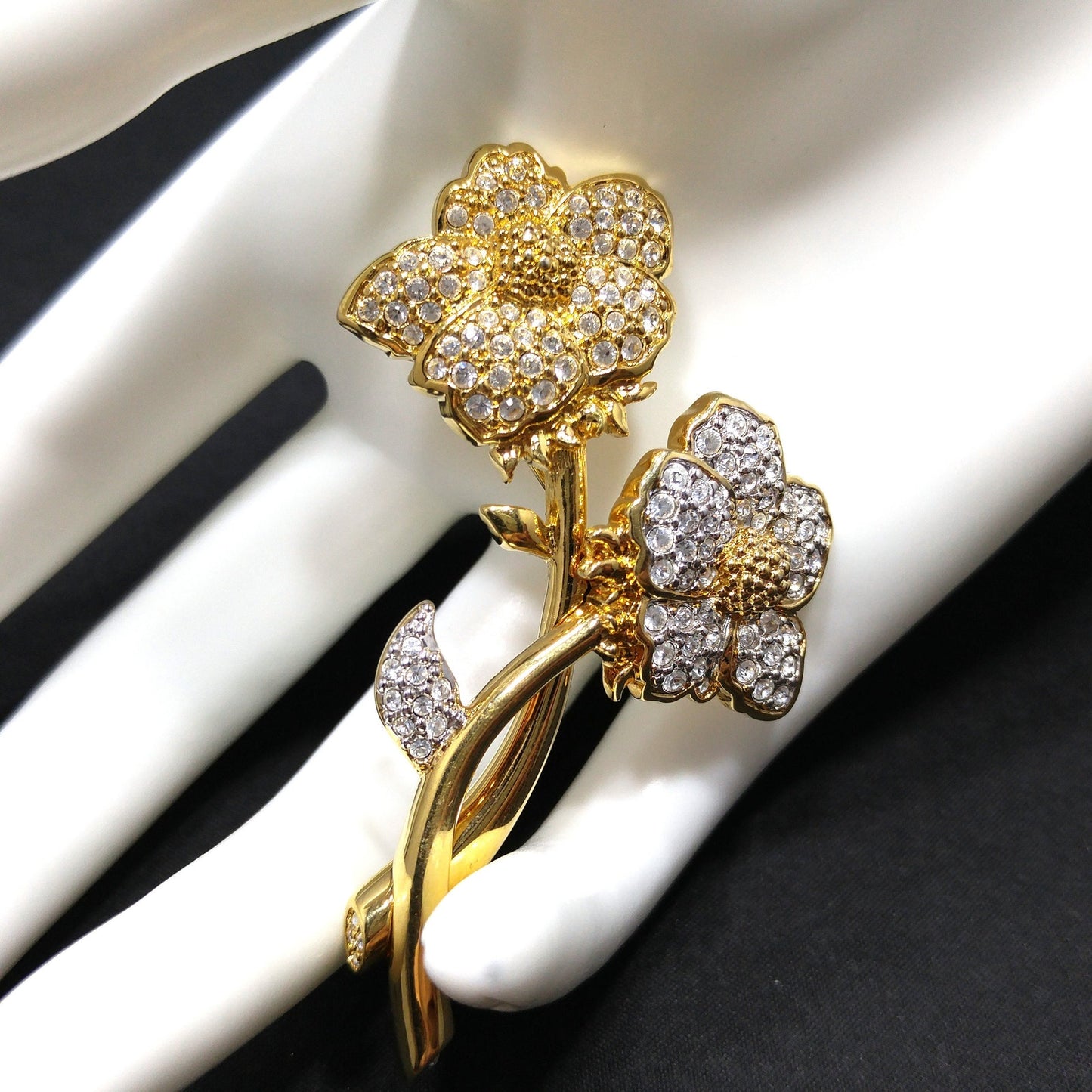 Vintage Swarovski Year 2000 Two Flower Brooch – Gold Plated with Clear Rhinestones