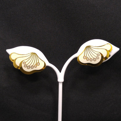 Laurel Burch "Le Fleur" Gold & White Clip Earrings, Gold Plated, 1980s Vintage