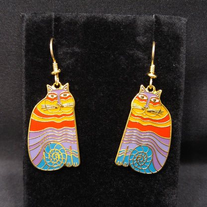 Laurel Burch "Rainbow Cats" Earrings, Multicolored Cloisonne Enamel, 1980s