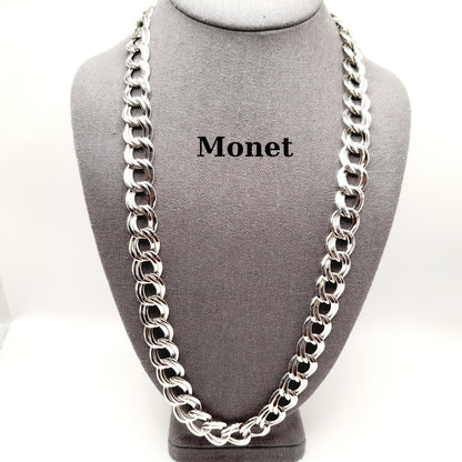 Vintage Monet Rhodium Plated Chunky Silver Tone Chain Necklace, 26 Inches