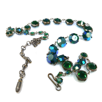 Green Aurora Borealis Crystal Art Deco Rivière Glass Necklace, 20 Inches, 1950s Vintage Jewelry