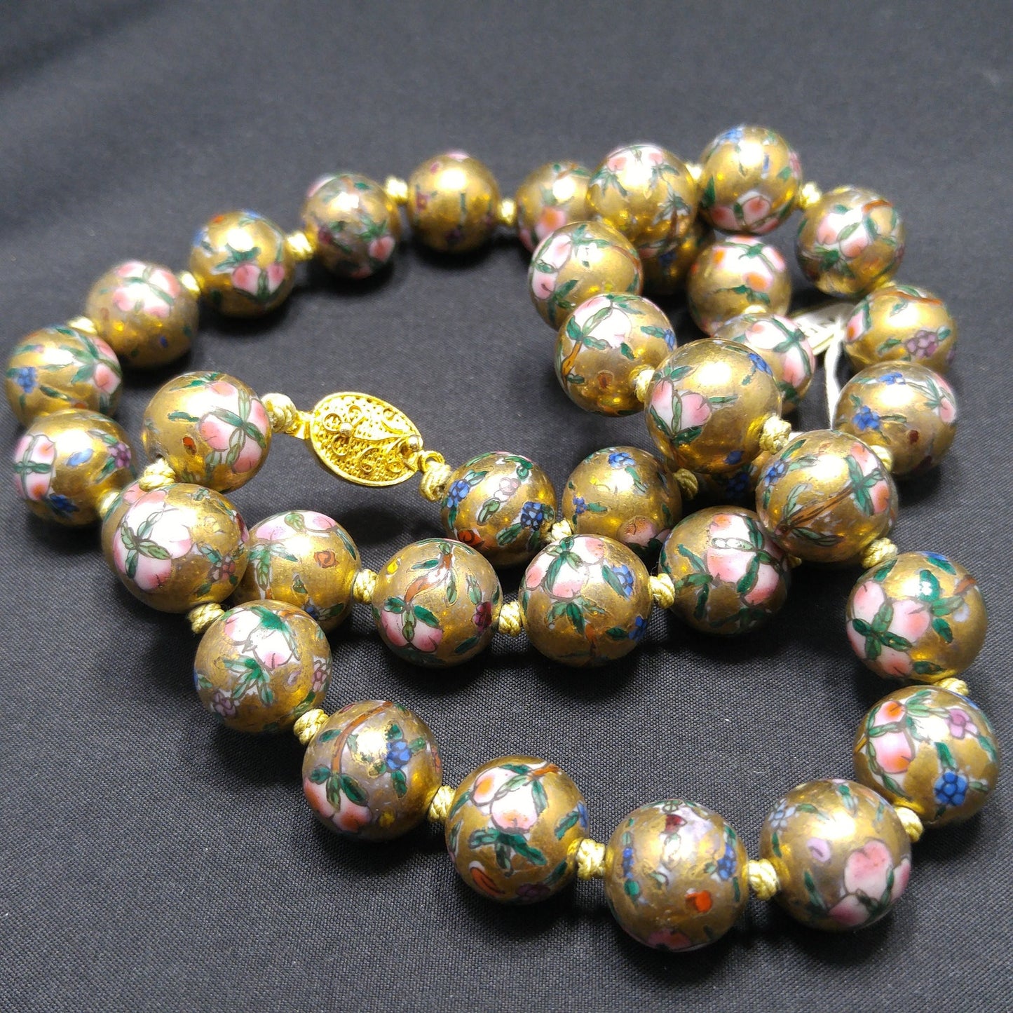 Vintage Chinese Beaded Necklace, Hand Painted & Knotted Floral Beads, 1940s Vintage Jewelry