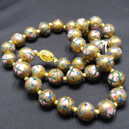 Vintage Chinese Beaded Necklace, Hand Painted & Knotted Floral Beads, 1940s Vintage Jewelry