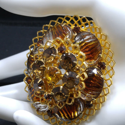 Light Dark Topaz Rhinestones Filigree Brooch, Art Glass, Two Tiered Oval Pin, 1960s Vintage Jewelry