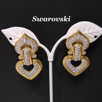 Swarovski Swan Logo Gold Plated Heart Drop Clip Earrings Clear Pave Crystals 90s