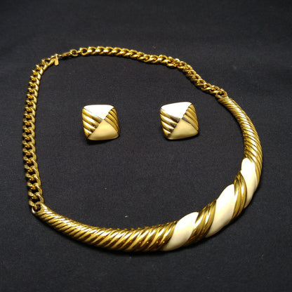 Monet Cream Enamel Necklace Earrings, Gold Plated, 1960s Vintage Jewelry