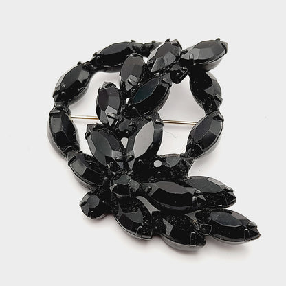 Vintage Black Rhinestone Wreath Floral 1960s Brooch, Japanned Black Enamel