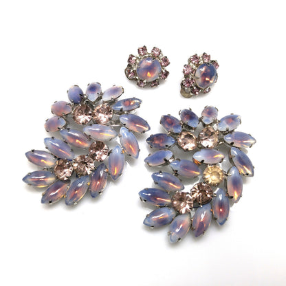 Twin Faux Opal Rhinestone Brooches & Earrings, Rhodium Plated, 1960s Vintage Jewelry