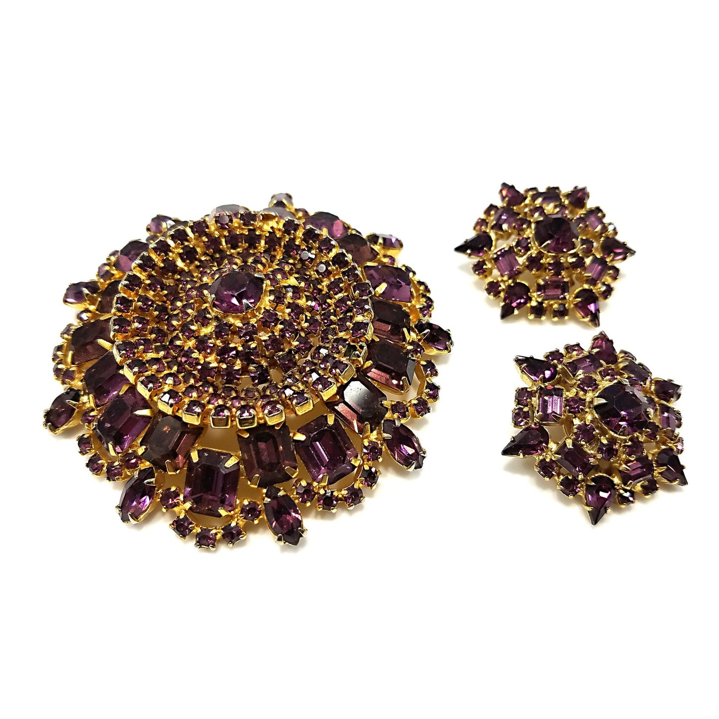 Large Purple Rhinestone Brooch & Clip Earrings, Gold Plated, 1960s Vintage