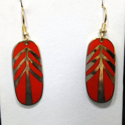 Vintage Laurel Burch "Tahoe Arrow" Earrings, Bright Red Enamel, Gold Plated