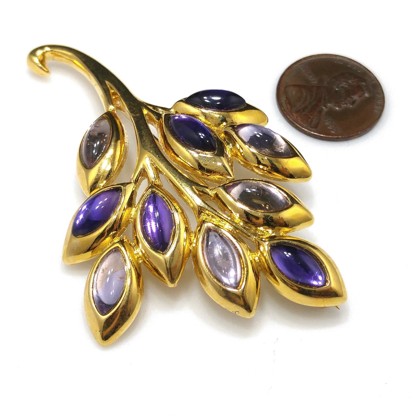 Trifari TM Purple Cabochon Gold Plated Brooch, Spray of Leaves Pin, 1980s Vintage Jewelry