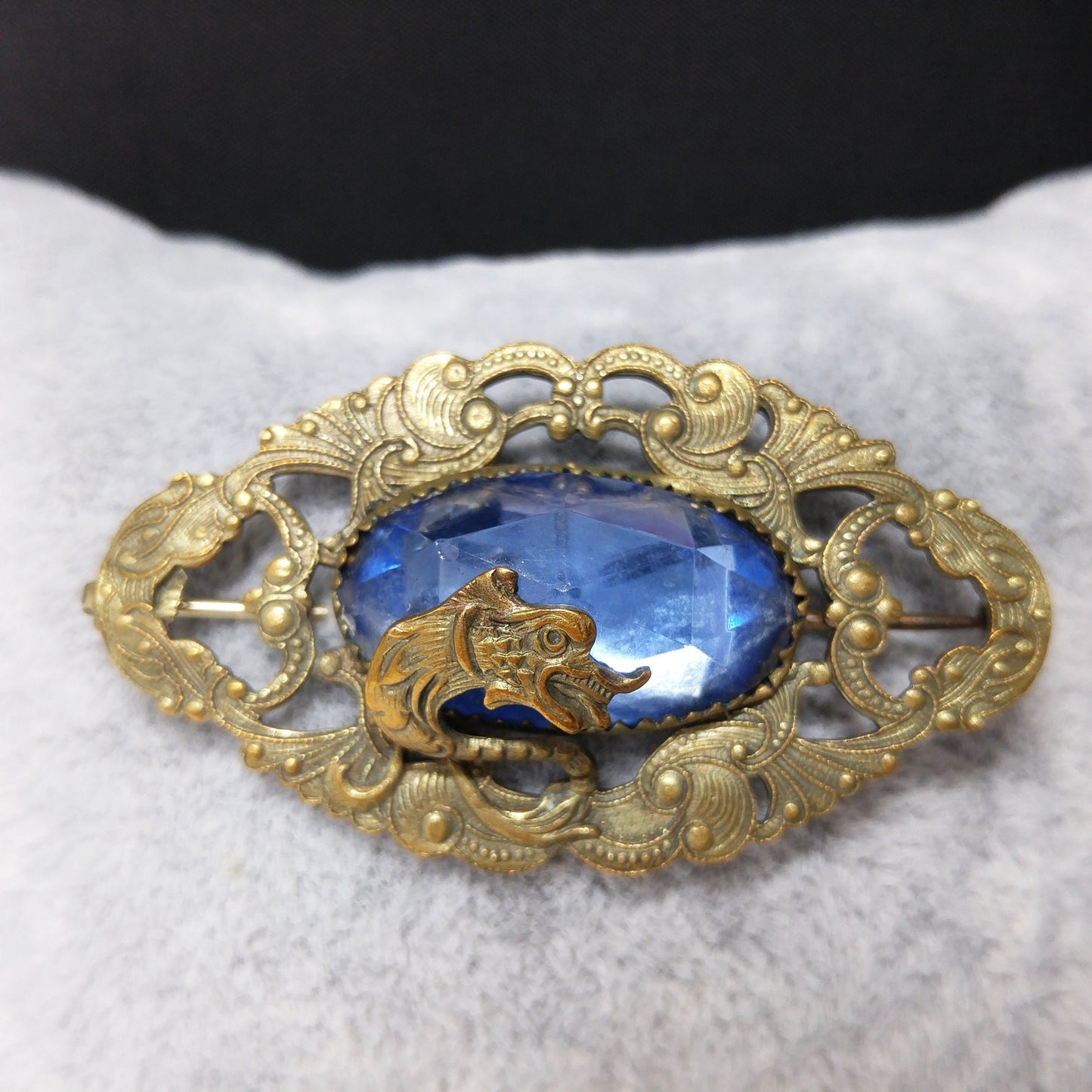 Antique Art Nouveau Brass Dragon Brooch Blue Glass Jewel Open C Clasp 1910s