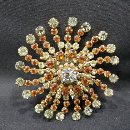 Vintage 1950s Rhinestone Flower Brooch Large Gray Topaz Floral Burst Pin