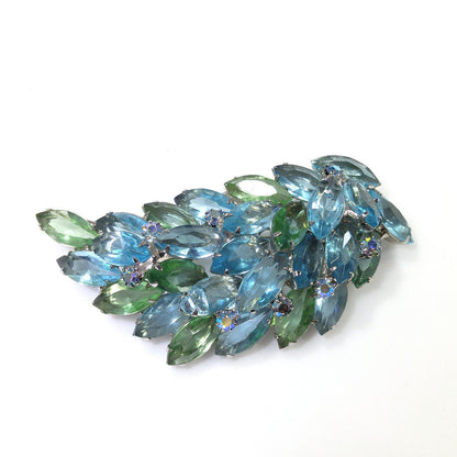 Turquoise & Green Rhinestone Brooch, Rhodium Plated, 1960s Vintage Jewelry