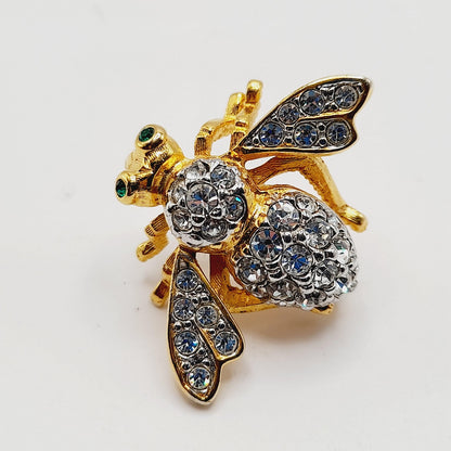 Vintage 1990s Joan Rivers Bee Brooch – Clear Pave Rhinestones, Green Eyes – 1 1/4 Inch Collectible Pin