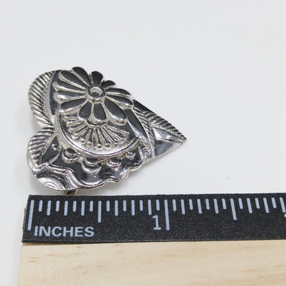 Vintage Laurel Burch 1993 Floral Heart Brooch, Silver Tone