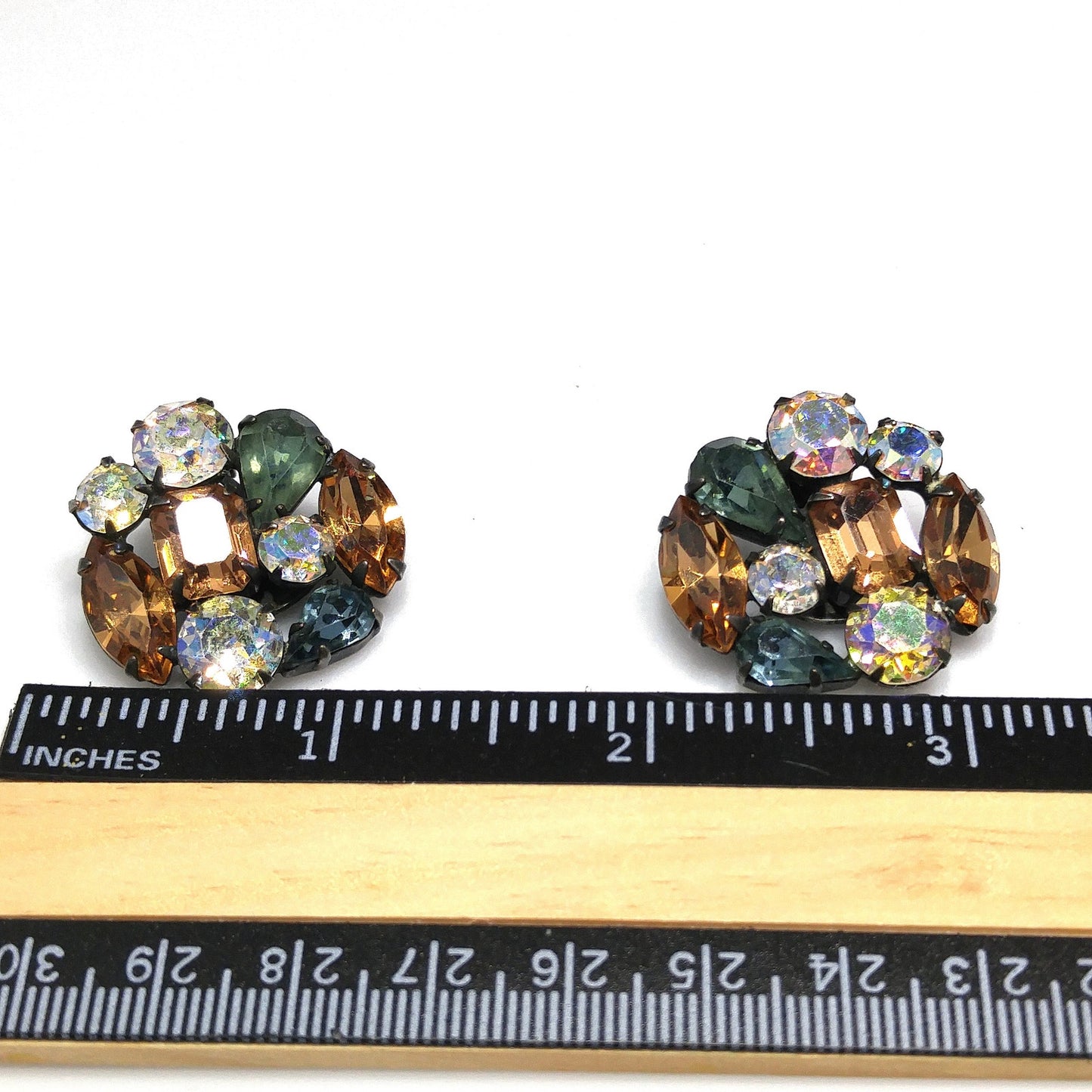 Weiss Blue Green Topaz Rhinestone Earrings, Clip Antique Gold Plate, 1950s Vintage