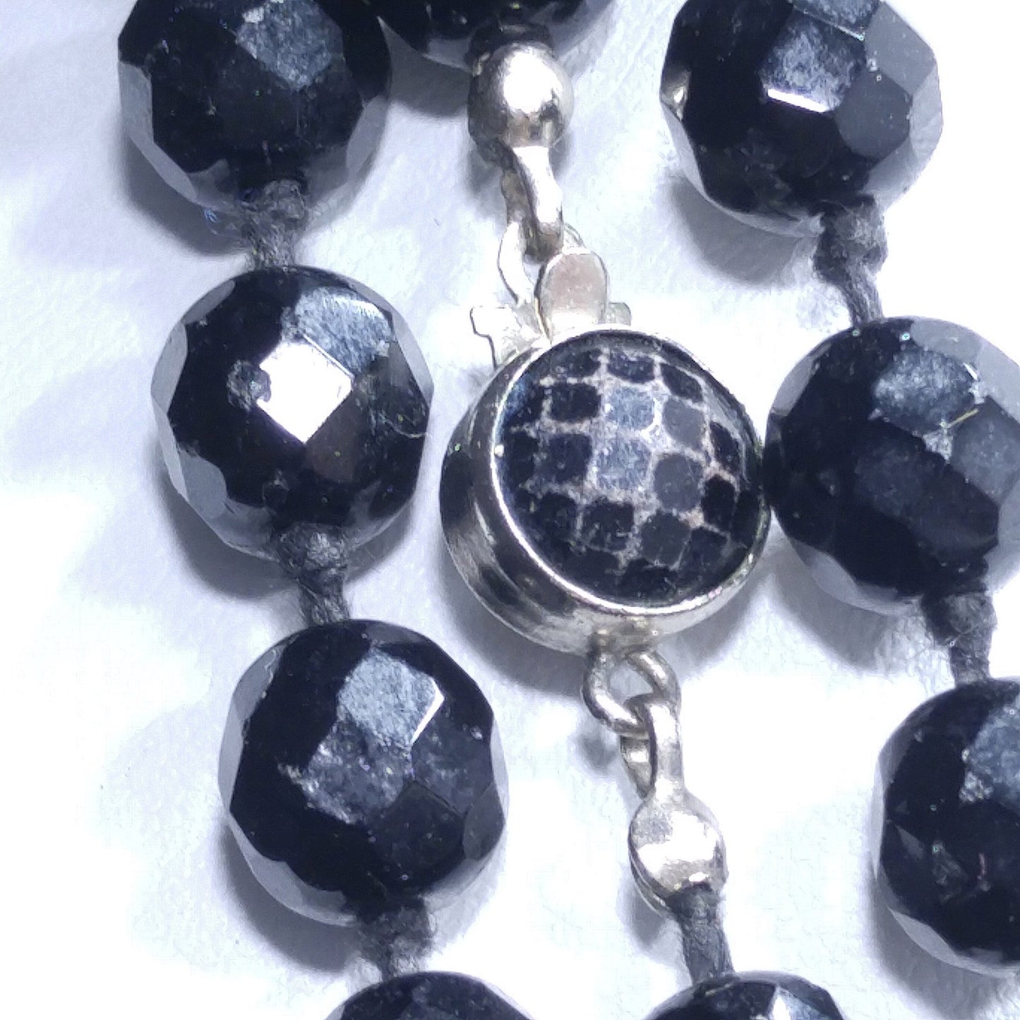 Black Crystal Beaded Necklace, Made in Austria, Hand Knotted, 1920s Vintage