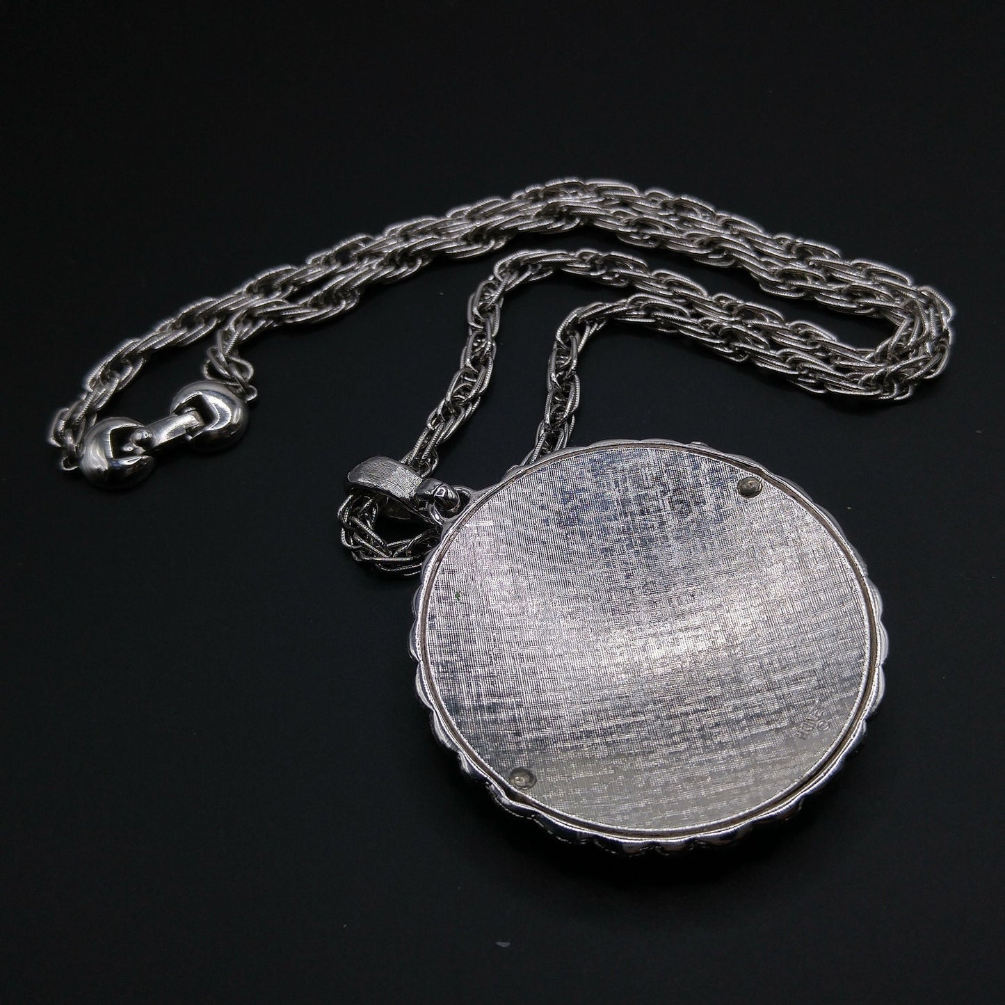 Monet Rhodium Plated Pendant Necklace, Fold Over Clasp, 1960s Vintage Jewelry