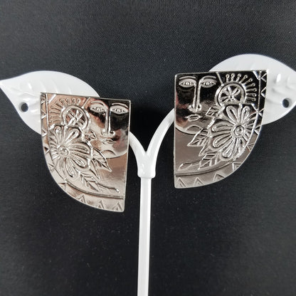 Vintage Laurel Burch Blossoming Woman Earrings, Rhodium Plated, 1990s