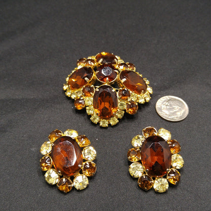 Topaz Rhinestone Brooch & Clip Earrings Set, Gold Plated, 1960s Vintage Jewelry