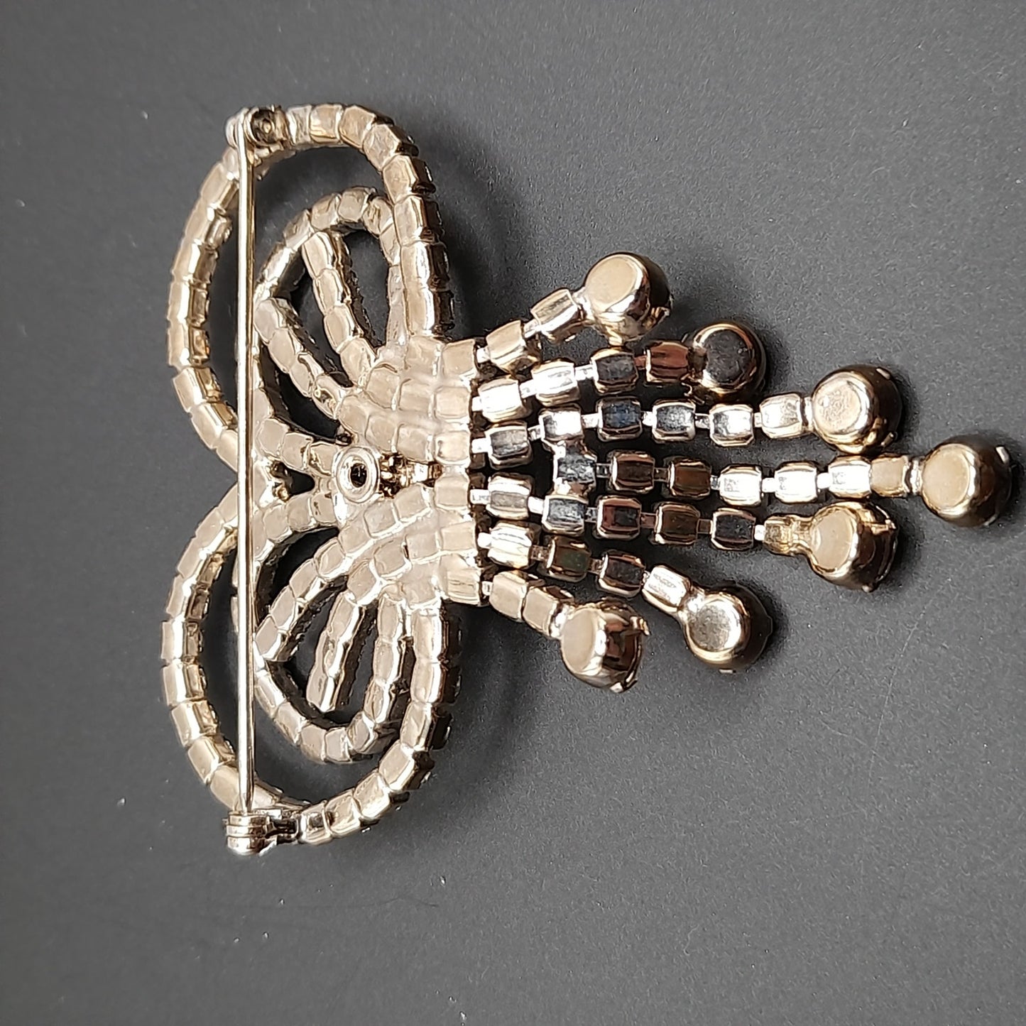 Vintage Clear Rhinestone Bow Brooch, Silver Tone Dangle Design, Midcentury Sparkle, 2 3/4 Inches